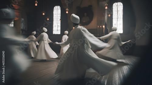 Sufi Dervish Whirling Silhouette in white dress, Turkey. Generation AI. photo