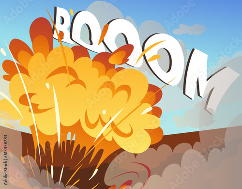 Explosion of dynamite with boom inscription concept. War and armed conflict. Danger and destruction, demolition. Mining and Metal Extraction. Bomb and dynamite. Cartoon flat vector illustration