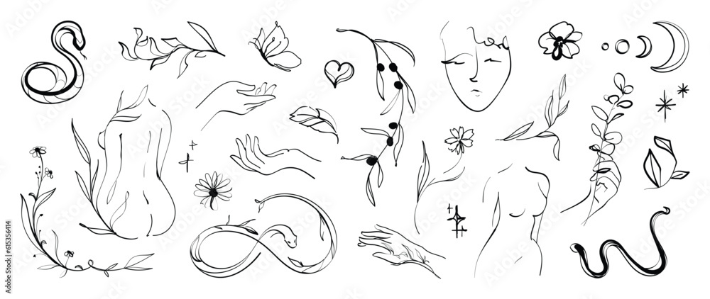 Minimal hand drawn line art vector set. Aesthetic line art design with  woman body, face, hands, butterflies, leaves, flower, snake, moon. Abstract drawing for wall art, decoration, wallpaper, tattoo.