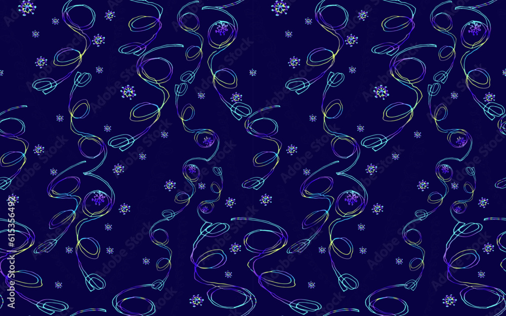 Dark blue holiday vector seamless pattern with iridescent serpentine ribbons. Greeting card, gift packaging., wrapping paper. Naive scrabble style collection for happy new year. Dark blue holiday vector seamless pattern with iridescent serpentine ribbons. Greeting card, gift packaging., wrapping paper. Naive scrabble style collection for happy new year.