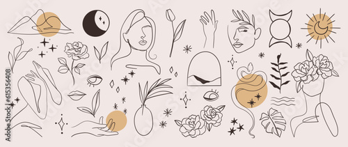 Minimal hand drawn line art vector set. Aesthetic line art design with  woman body, face, hands, body, mountain, snake, moon, flower. Abstract drawing for wall art, decoration, wallpaper, tattoo.