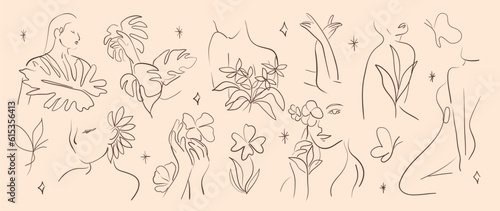 Minimal hand drawn line art vector set. Aesthetic line art design with woman body, faces, hands, butterflies, leaves, flower. Abstract drawing for wall art, decoration, wallpaper, tattoo.
