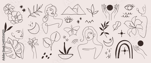 Minimal hand drawn line art vector set. Aesthetic line art design with  woman body, face, hands, body, mountain, butterfly, moon, flower. Abstract drawing for wall art, decoration, wallpaper, tattoo.