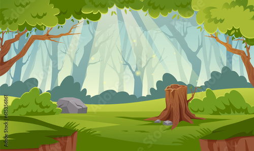 Forest beautiful landscape vector concept. Glade with trees and bushes, beautiful natural panorama. Background for animations and games. Spring and summer day. Cartoon flat illustration