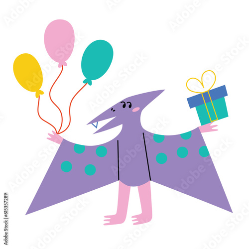 Cute flying dinosaur icon, pterodactyl at birthday party, vector illustration of pterosaur with present and balloons, baby shower invitation, greeting card for children event, isolated colored clipart