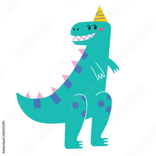 Adorable monster dinosaur icon  vector illustration of tyrannosaurus in birthday hat  t-rex at kids party  smiling raptor congratulations  childish postcard for baby shower  dino happy birthday  isola