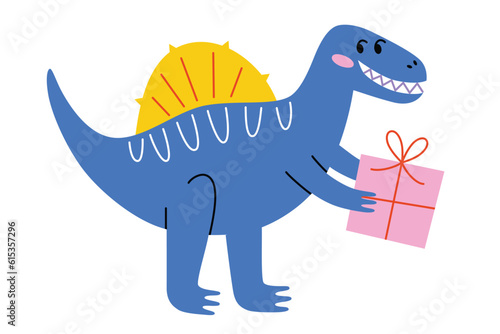 Happy smiling dinosaur with gift, cartoon spinosaurus at birthday party, vector illustration of dino party, greeting card for baby shower, childish poster for nursery, happy birthday postcard, isolate