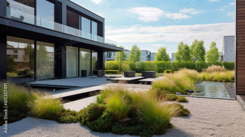 Minimalistic and contemporary, sleek and serene private garden that embodies the principles of Scandinavian design: functionality, simplicity, and connection to nature. Generative AI © piai