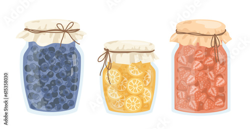Set of jars with jam. Dessert and delicacy. Prepared food for winter season. Natural and organic products, fruits and berries. Cartoon flat vector collection isolated on white background