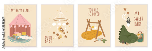 Set of nursery boho posters. Comfort and coziness in apartment. Kids room and playroom. Banners in bohemian style. Crib and toys. Cartoon flat vector collection isolated on white background