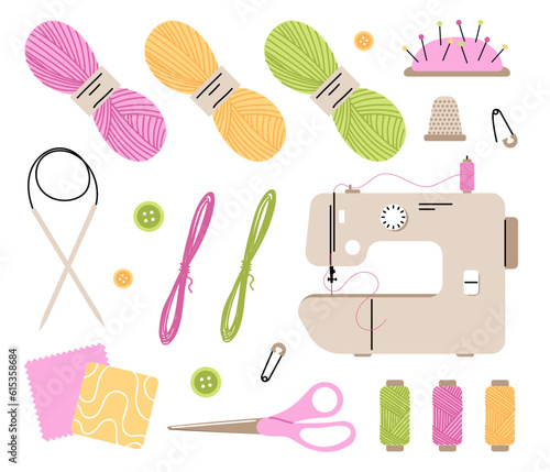 Set of items for sewing and needlework. Multicolored threads and fabric, scissors and sewing machine. Sewing and atelier inventory. Cartoon flat vector collection isolated on white background