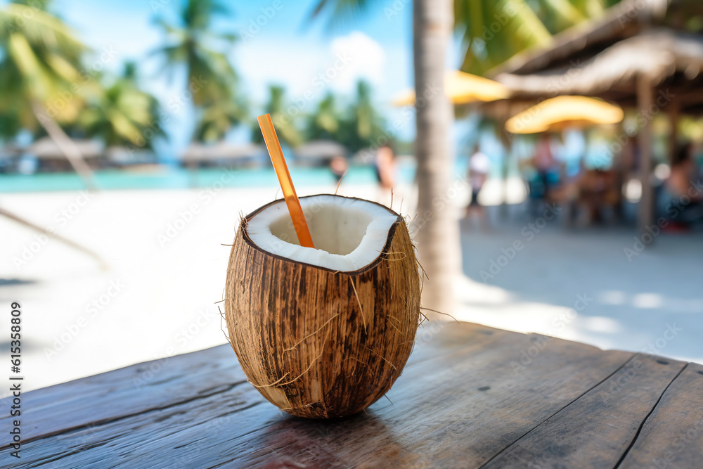 Coconut shell with refreshing coconut water, straw on a wood table in a beach cafe. Bright sunlight palm trees ocean. Tropical nature summer vacation concept