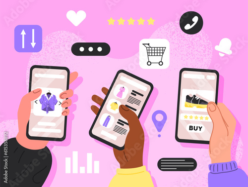 People with social networks concept. Men and women hold smartphones with messengers in their hands. Communication and interaction on Internet. Chat and dialogue. Cartoon flat vector illustration