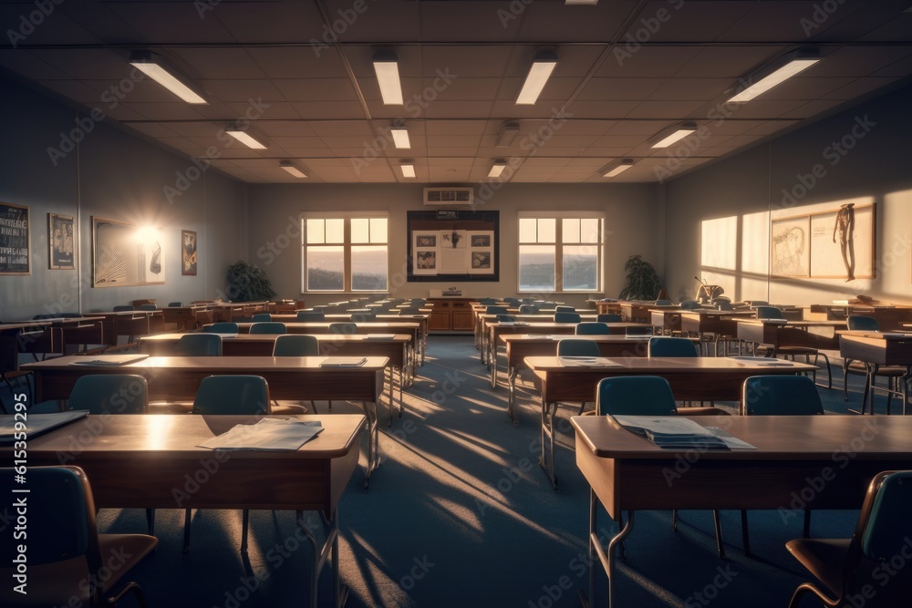 A classroom with neat rows of tables and chairs.