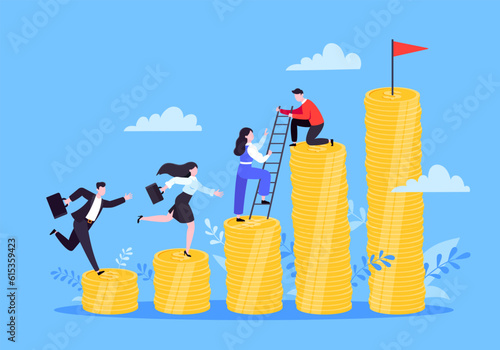 Business mentor helps improve career and money stacks growing. He holds stairs steps vector illustration. Mentorship, upskills, climb help self development strategy flat style design business concept.