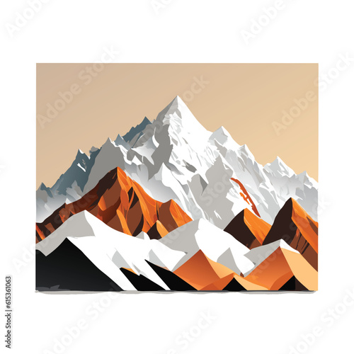 Vector wallpaper with a landscape, a mountain majestic mountain range with snow-capped peaks and sprawling glaciers, poster art , richly colored skies.