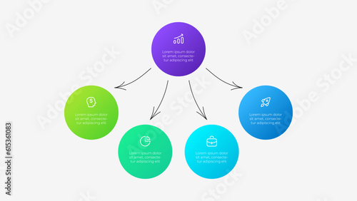 Flow chart infographic slide with 4 circles and doodle arrows. Concept of business project visualization. Infochart design template