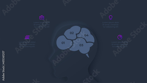 Human head with brain. Creative infographic presentation. Dark neumorphic illustration with 4 steps