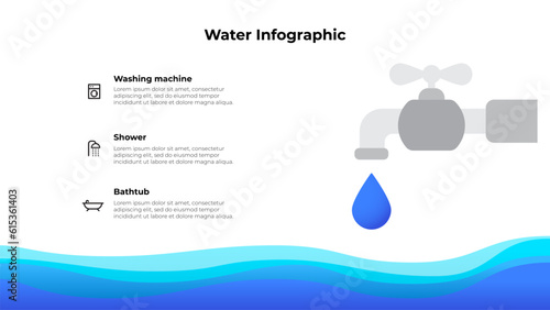 Water faucet with a falling drop in the sea with waves. Water saving illustration. Ecology infographic with line icons
