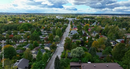 Aerial view of a quiet street in suburban Helsinki, fall day in Uusimaa, Finland photo