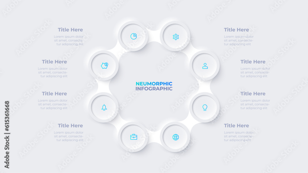 Metaball with eight circles in the shape of a octagon. Cycle infographic template with 8 options Metaball with eight circles in the shape of a octagon. Cycle infographic template with 8 options