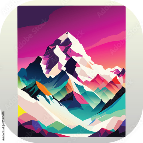 Vector wallpaper with a landscape, a mountain majestic mountain range with snow-capped peaks and sprawling glaciers, poster art , richly colored skies.