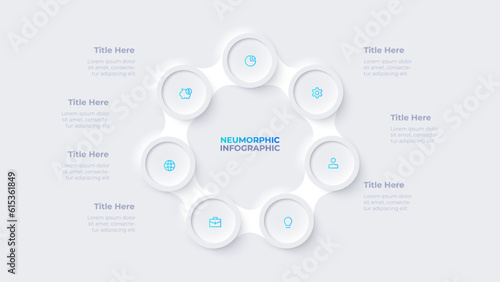Metaball with seven circles in the shape of a heptagon. Cycle infographic template with 7 options