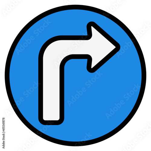 Turn right icon in filled line style, use for website mobile app presentation