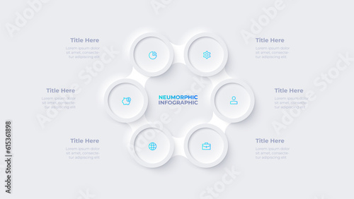 Metaball with six circles in the shape of a hexagon. Cycle infographic template with 6 options