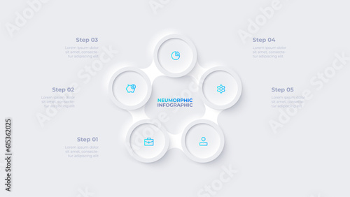 Metaball with five circles in the shape of a pentagon. Cycle infographic template with 5 options