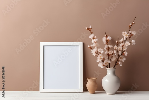 Empty wooden picture frame mockup on a wall with flower vase