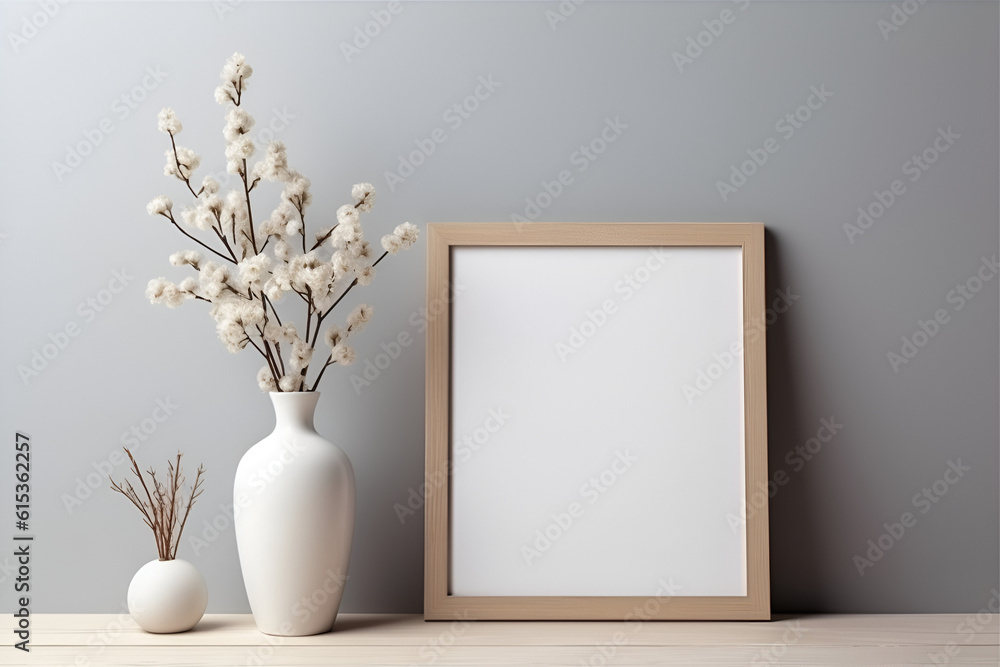Empty wooden picture frame mockup on a wall with flower vase Empty wooden picture frame mockup on a wall with flower vase