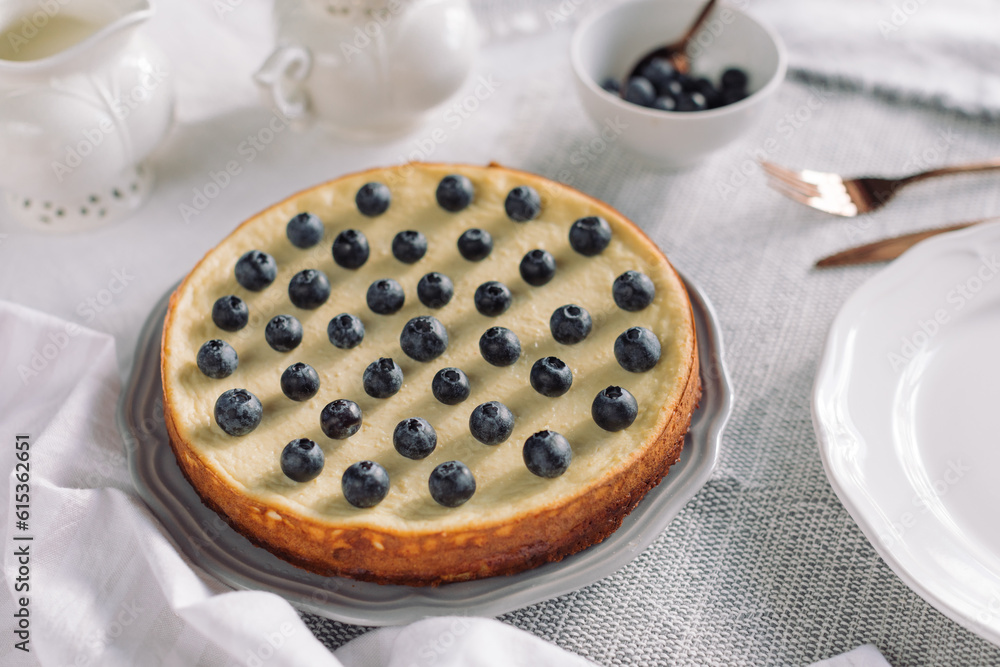 Low-carb dessert for diabetics. Pie made of cottage cheese, almond flour, eggs, ricotta, stevia and decorated with blueberries. Low-carb dessert for diabetics. Pie made of cottage cheese, almond flour, eggs, ricotta, stevia and decorated with blueberries.