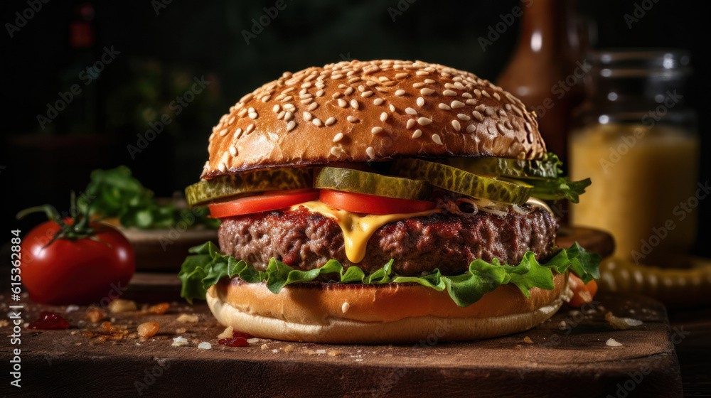 The photo showcases a mouthwatering burger that is a true feast for the senses. The juicy, perfectly grilled patty is nestled between two toasted buns, topped with melted cheese that oozes with delici The photo showcases a mouthwatering burger that is a true feast for the senses. The juicy, perfectly grilled patty is nestled between two toasted buns, topped with melted cheese that oozes with delici