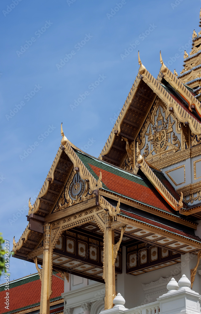 Side view of the Chakri Maha Prasat Throne Hall at the Grand Palace Bangkok, Thailand.