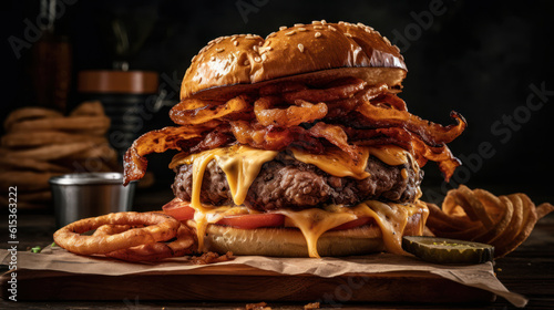 The photo showcases a mouthwatering burger that is a true feast for the senses. The juicy, perfectly grilled patty is nestled between two toasted buns, topped with melted cheese that oozes with delici