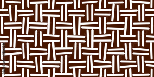 Careless doodle basket weave white on brown seamless pattern. Basket weave bamboo texture. Simple monochrome background. Vector abstract illustration