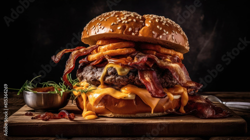 The photo showcases a mouthwatering burger that is a true feast for the senses. The juicy, perfectly grilled patty is nestled between two toasted buns, topped with melted cheese that oozes with delici