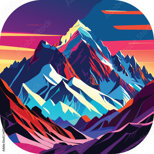 Vector wallpaper with a landscape, a mountain majestic mountain range with snow-capped peaks and sprawling glaciers, poster art , richly colored skies.