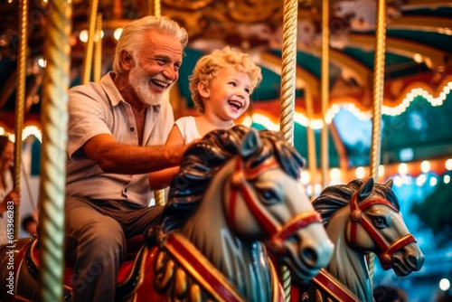 Senior man and his grandson riding a carousel