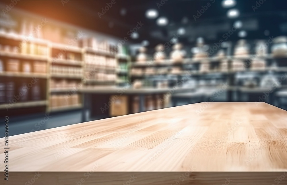 Modern wooden table for business. Showcase your products. Market shelf. Abstract blur counter background. Lifestyle shopping concept