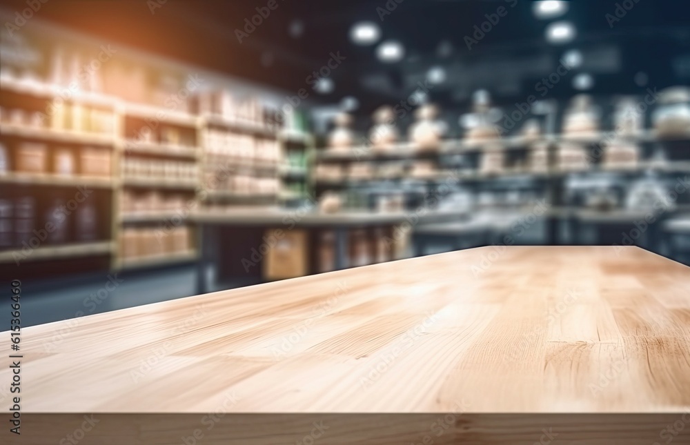Modern wooden table for business. Showcase your products. Market shelf. Abstract blur counter background. Lifestyle shopping concept Modern wooden table for business. Showcase your products. Market shelf. Abstract blur counter background. Lifestyle shopping concept