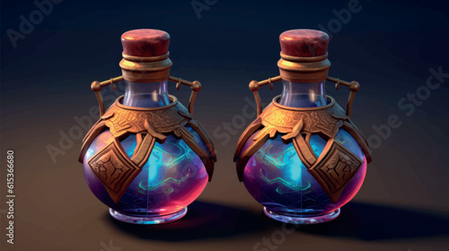 Antique bottle of perfume. Magic potion. Magic elixir. Small vintage bottle. High-quality stylized image of a mystical antique flask with a magical health regeneration potion. Bottle of perfume.
