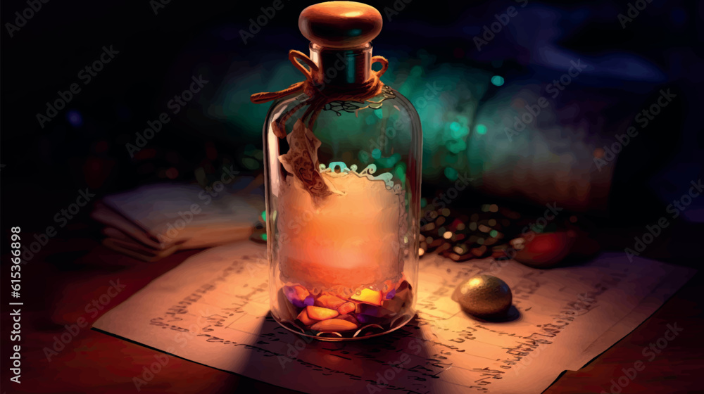 Antique bottle with a letter glows in the dark. Old message. Magic