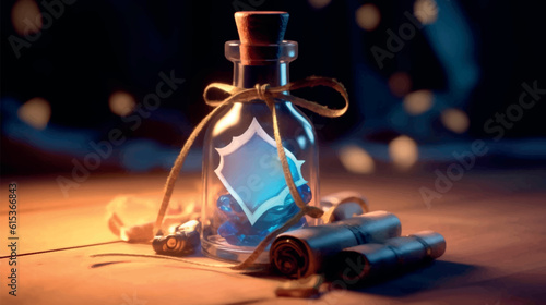 Antique bottle with a letter glows in the dark. Old message. Magic elixir. A small old bottle with a note on the table in a dark room. Perfume bottle. Magic and mysticism. Antique illustration.