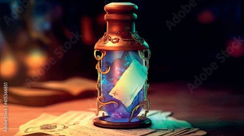 Antique bottle with a letter glows in the dark. Old message. Magic elixir. A small old bottle with a note on the table in a dark room. Perfume bottle. Magic and mysticism. Antique illustration. photo