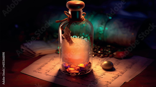 Antique bottle with a letter glows in the dark. Old message. Magic elixir. A small old bottle with a note on the table in a dark room. Perfume bottle. Magic and mysticism. Antique illustration.