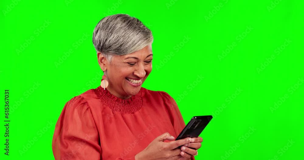 Phone, typing and senior woman on green screen for funny conversation, chatting and social media. Communication, networking and happy female person on smartphone for internet, online message and meme Phone, typing and senior woman on green screen for funny conversation, chatting and social media. Communication, networking and happy female person on smartphone for internet, online message and meme