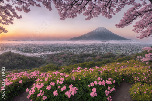 Sakura blossoms in japanese style ornamental garden  beautiful landscape. Generative AI.