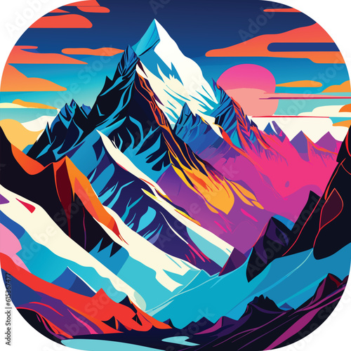 Vector wallpaper with a landscape, a mountain majestic mountain range with snow-capped peaks and sprawling glaciers, poster art , richly colored skies.